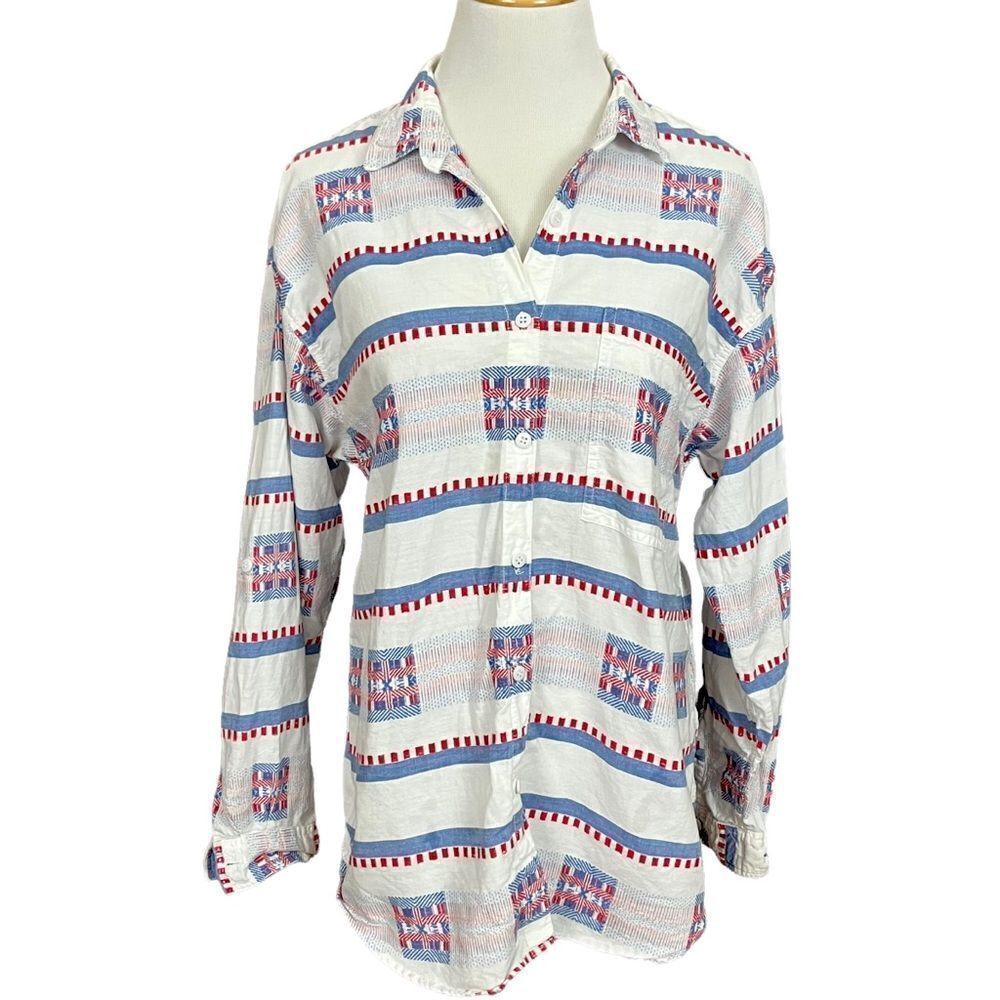 Vintage 90’s Gitano White, Blue & Red Lightweight Cotton Button Down Shirt L